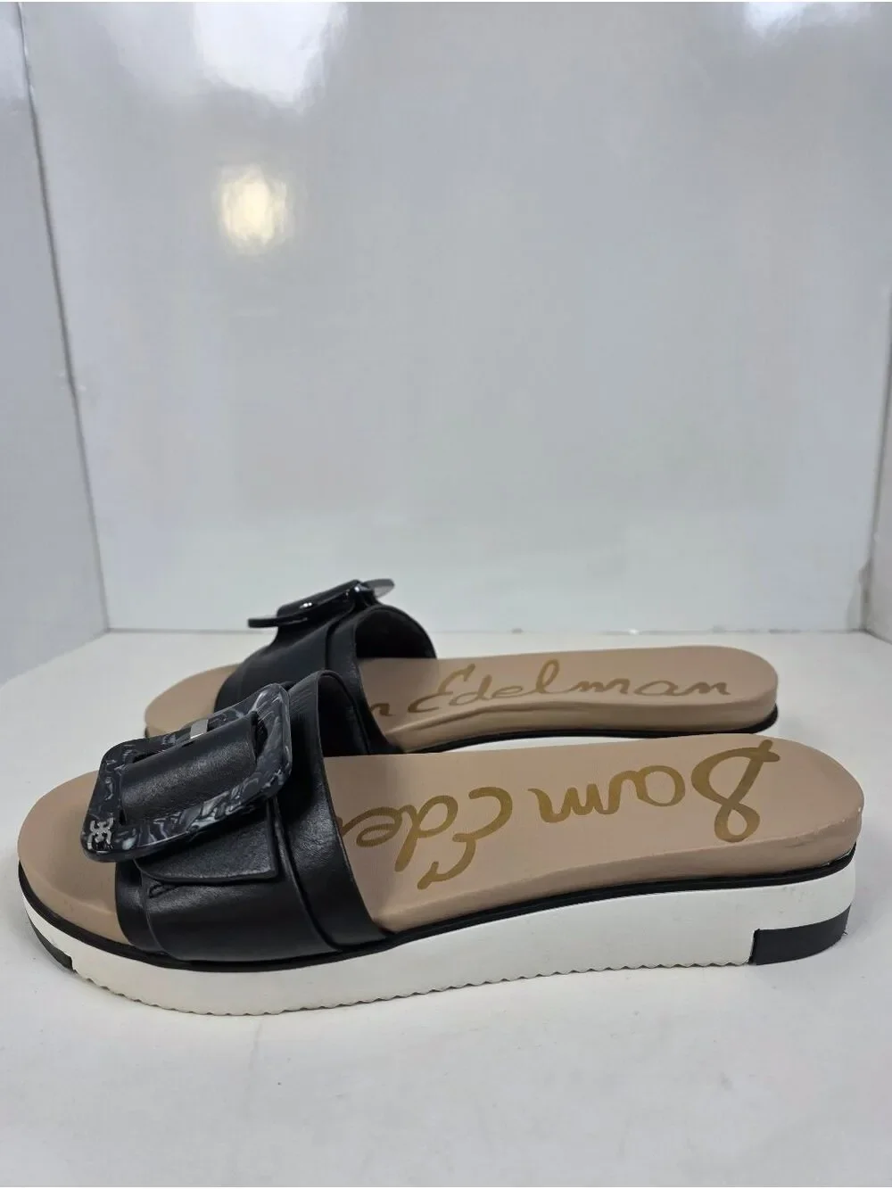 Sam Edelman Ariane Black Leather Buckle Slide Sandals - Picture 2 of 13